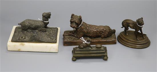 A bronze model of a mastiff, two other figures of dogs and a spelter model of a goat after P J Mene (4),